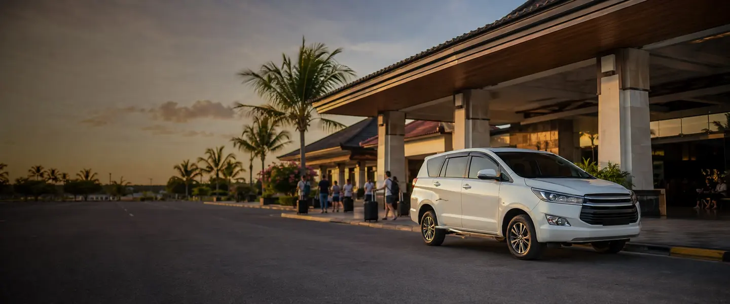 Mobil rental menunggu di area penjemputan bandara saat senja